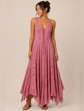 Flower NWT Dusty Rose Boho Maxi Dress Free Size Lace-Up Embroidered Smocked Back